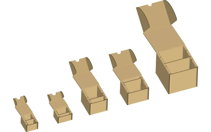 Une boite et son calage intégré, déclinée en 5 formats pour emballer plus de 50 pièces différentes