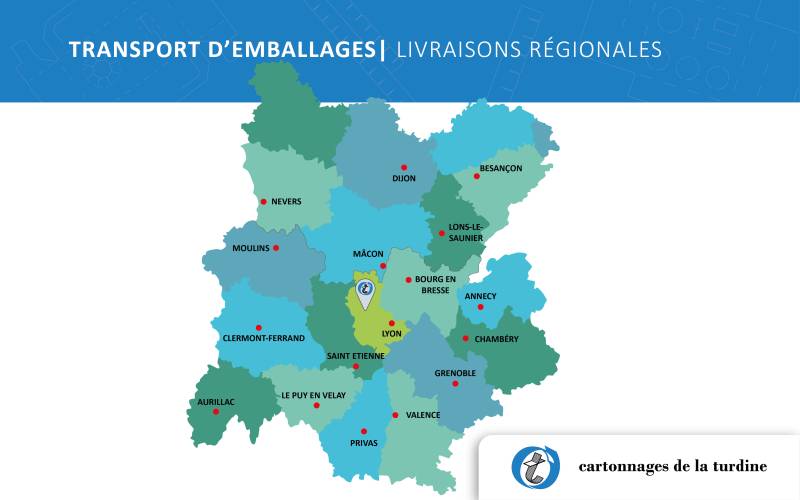 Une livraison de vos emballages en carton ondulé sur les régions Auvergne-Rhône-Alpes et Bourgogne-Franche-Comté