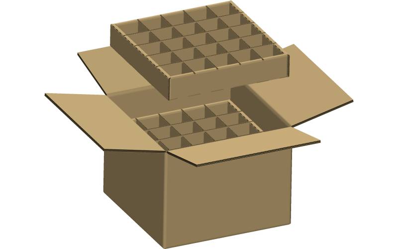 Une caisse américaine aux dimensions sur mesure pour regrouper les calages en carton ondulé conçus par notre bureau d'études